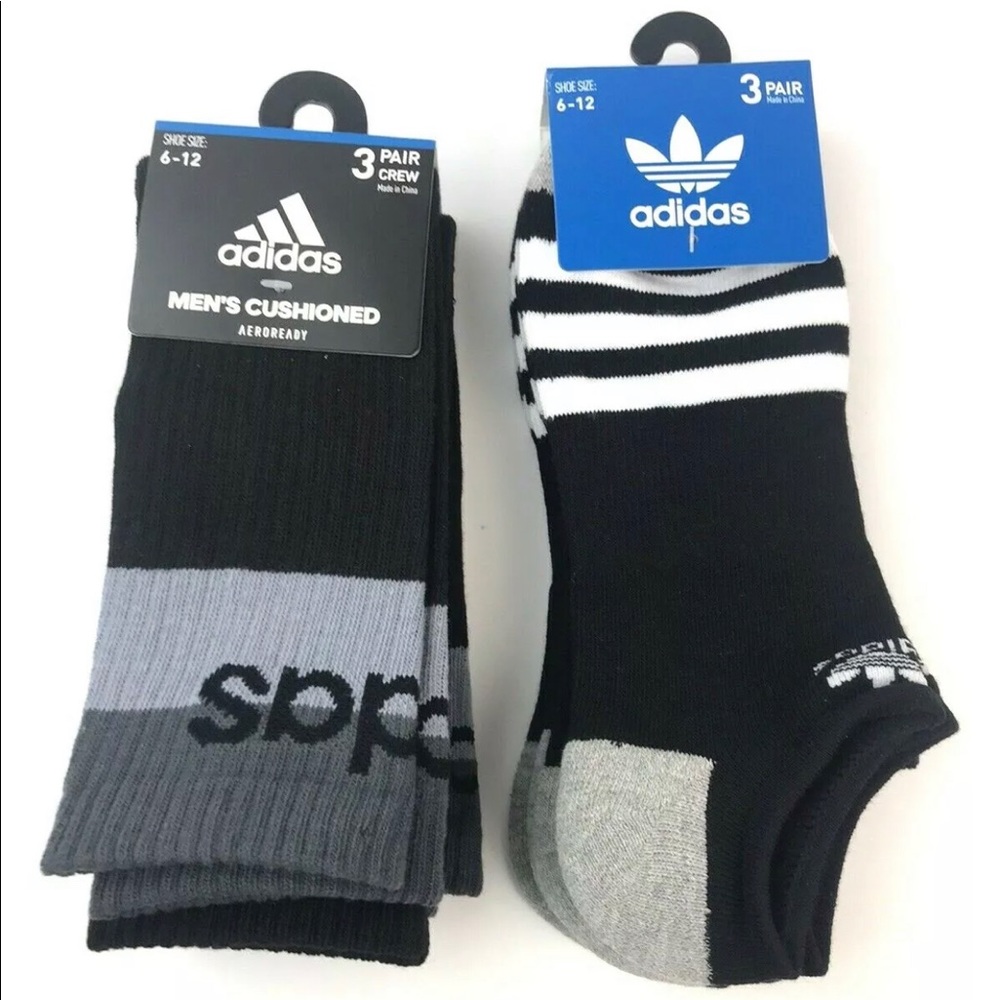 Adidas 6 Pair Socks Black White Men's Shoes Size 6-12 - lot of 6 pairs